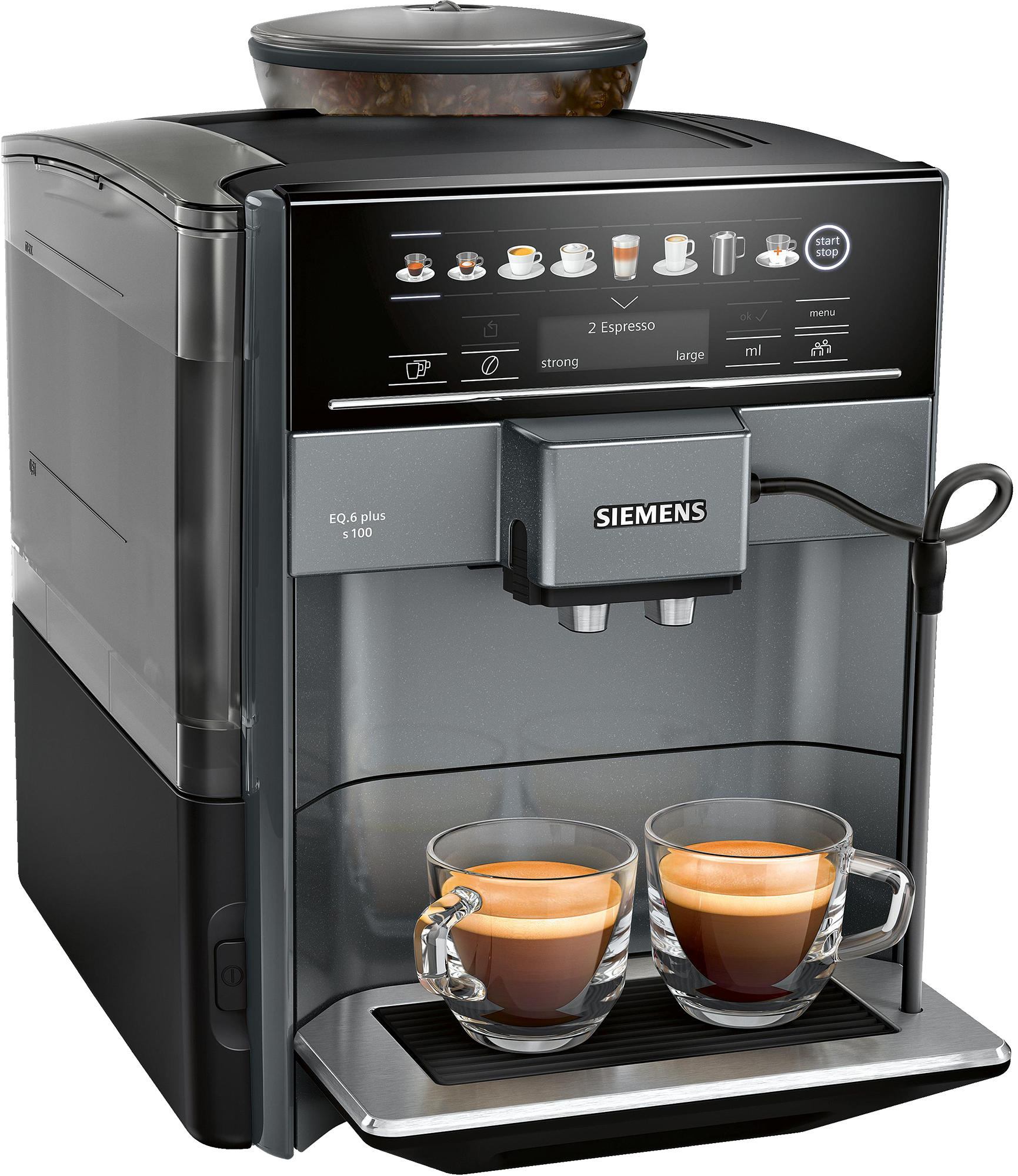 Espressomachine met twee glazen. Zilver en zwart met een digitaal display.