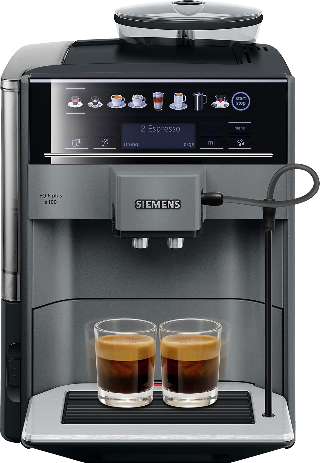 Een Siemens koffiemachine, met twee espresso's in glazen en een digitaal display.