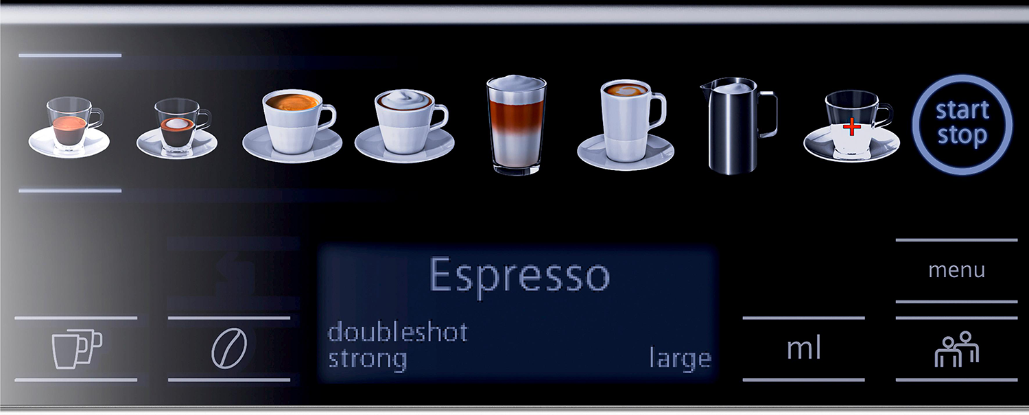 Koffiemachine-interface met espresso-opties en touchscreenknoppen.