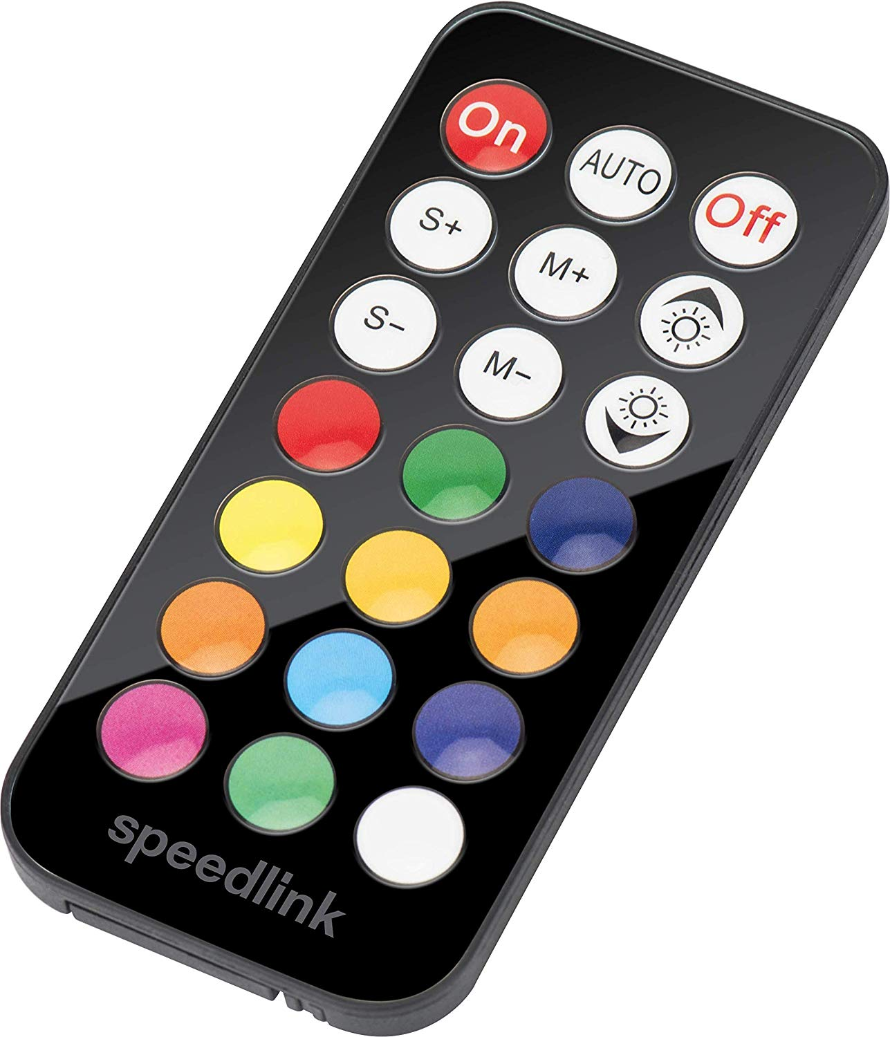 Schwarze Fernbedienung mit bunten Knöpfen. Hat Ein-/Aus-Tasten und Tasten zur Steuerung des Lichts. Markenname: speedlink.