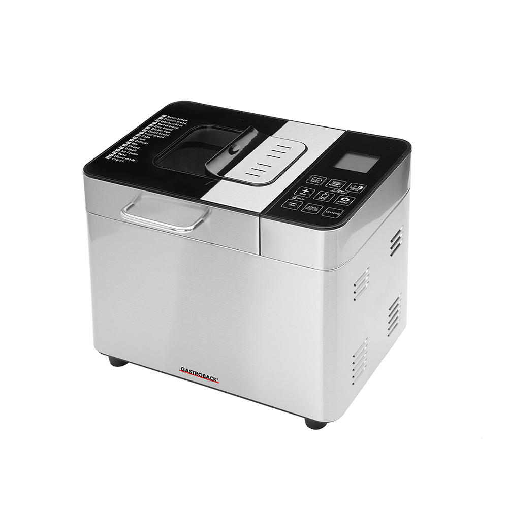 Edelstahl-Brotbackautomat mit schwarzer Oberseite und Bedienfeld mit Knöpfen.