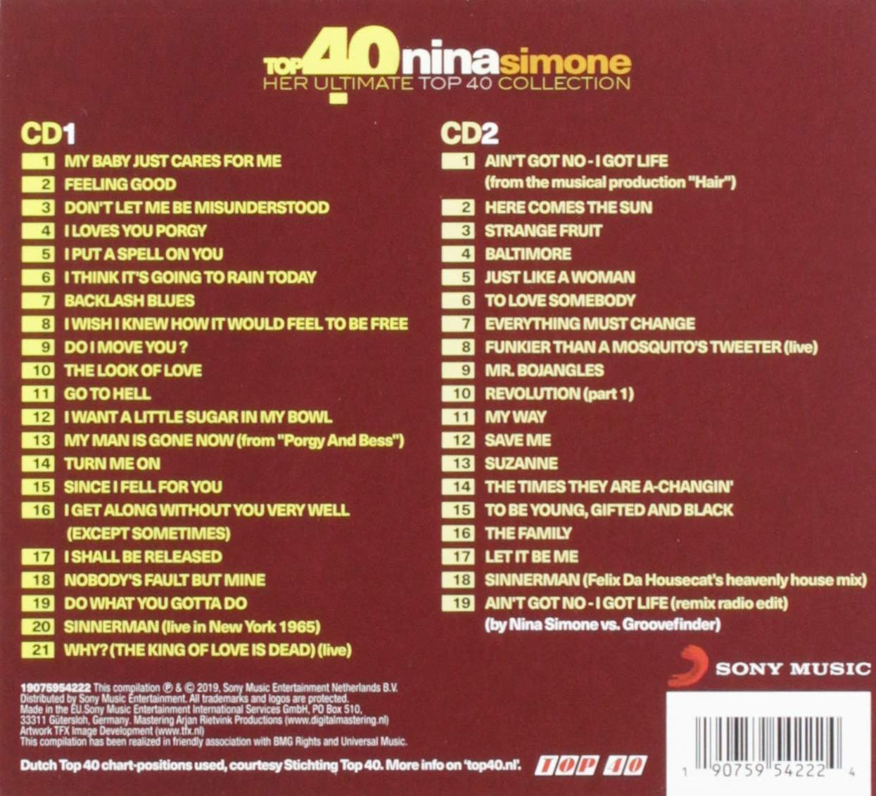 Pochette de l'album de Nina Simone avec listes des titres et le logo Sony Music.