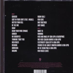 Album back cover with a tracklist, song titles, and a pink and black design.