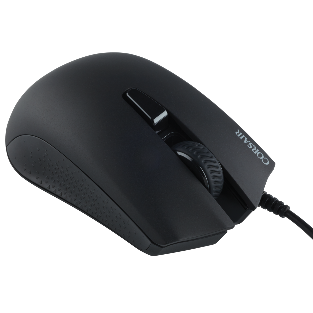 Eine schwarze Computermaus mit Scrollrad. Die Maus befindet sich auf schwarzem Hintergrund.