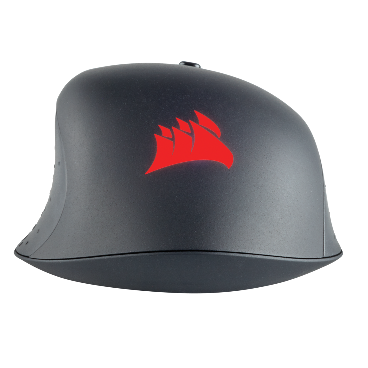 Schwarze Gaming-Maus mit rotem Corsair-Logo auf schwarzem Hintergrund.