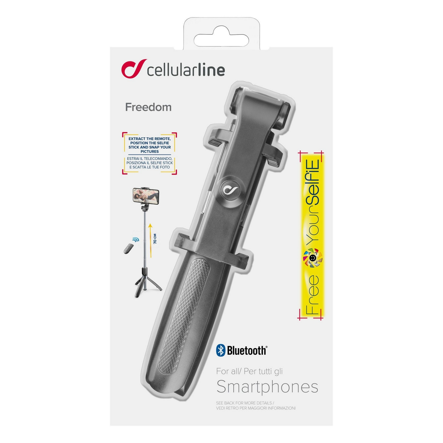 Palo selfie Cellularline en embalaje. Es gris y negro. Tiene un símbolo Bluetooth y texto.