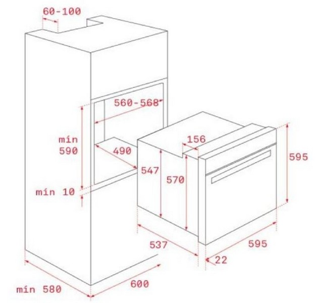 Dibujo técnico de un horno empotrado, con dimensiones y líneas.