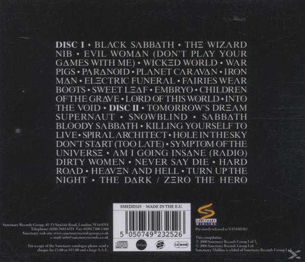 Fekete háttér, két Black Sabbath lemez számlistája, vonalkód és logók.