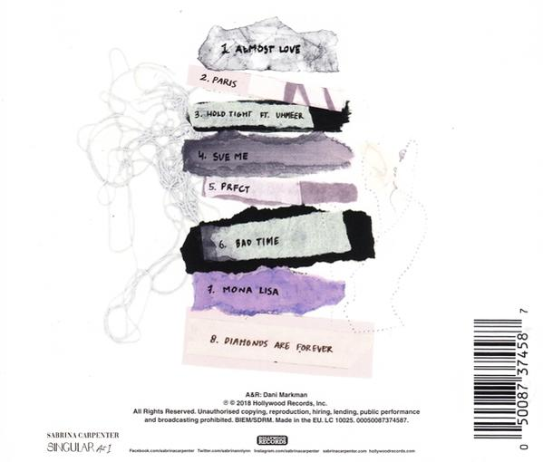 Albumcover mit einer Collage aus Textfragmenten, verschiedenen Farben und einer Titelliste.