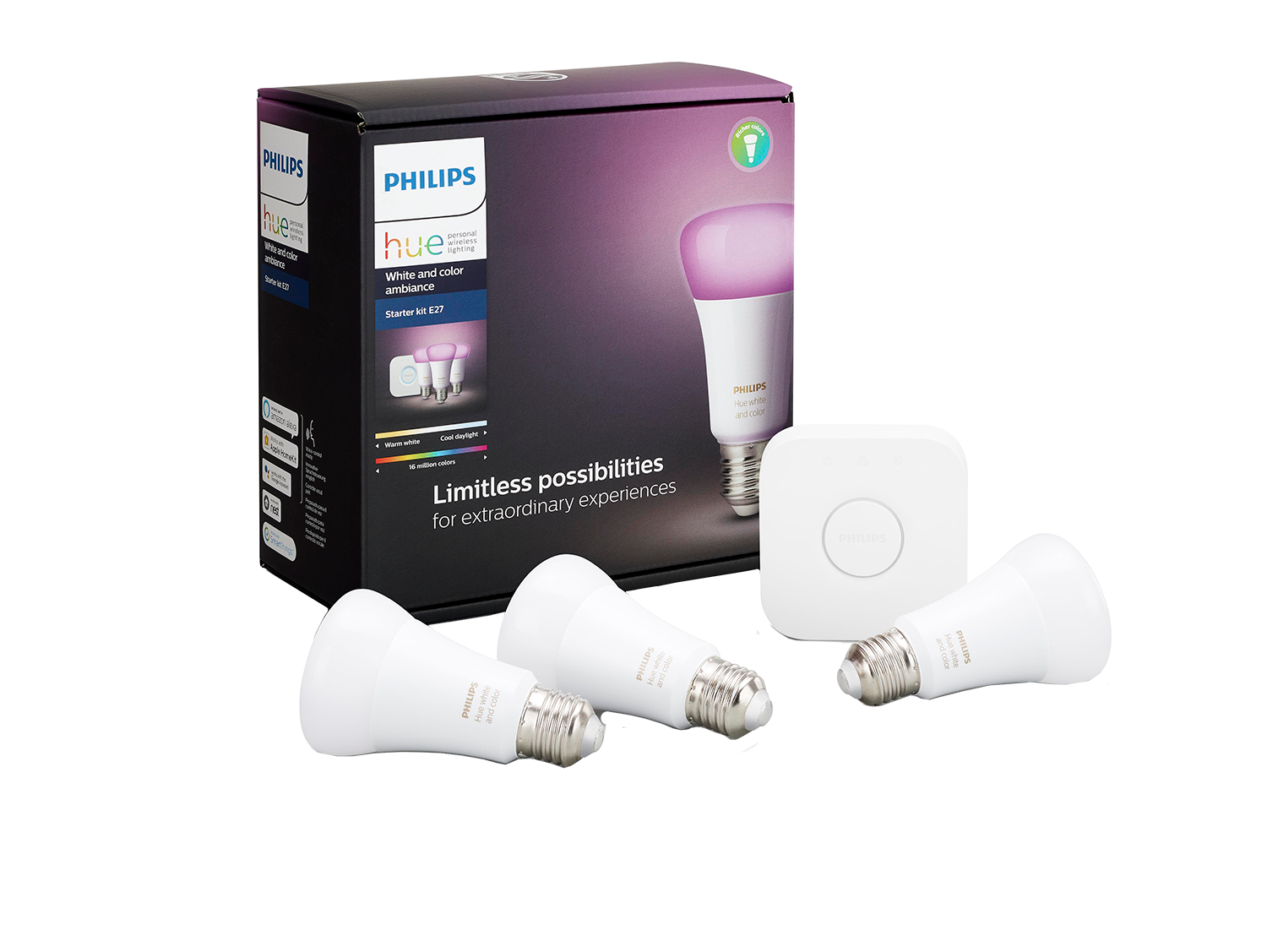 Philips Hue starterkit - warmwit licht 10W - 3 lampen met dimmer switch - E27 kopen? LED lampen
