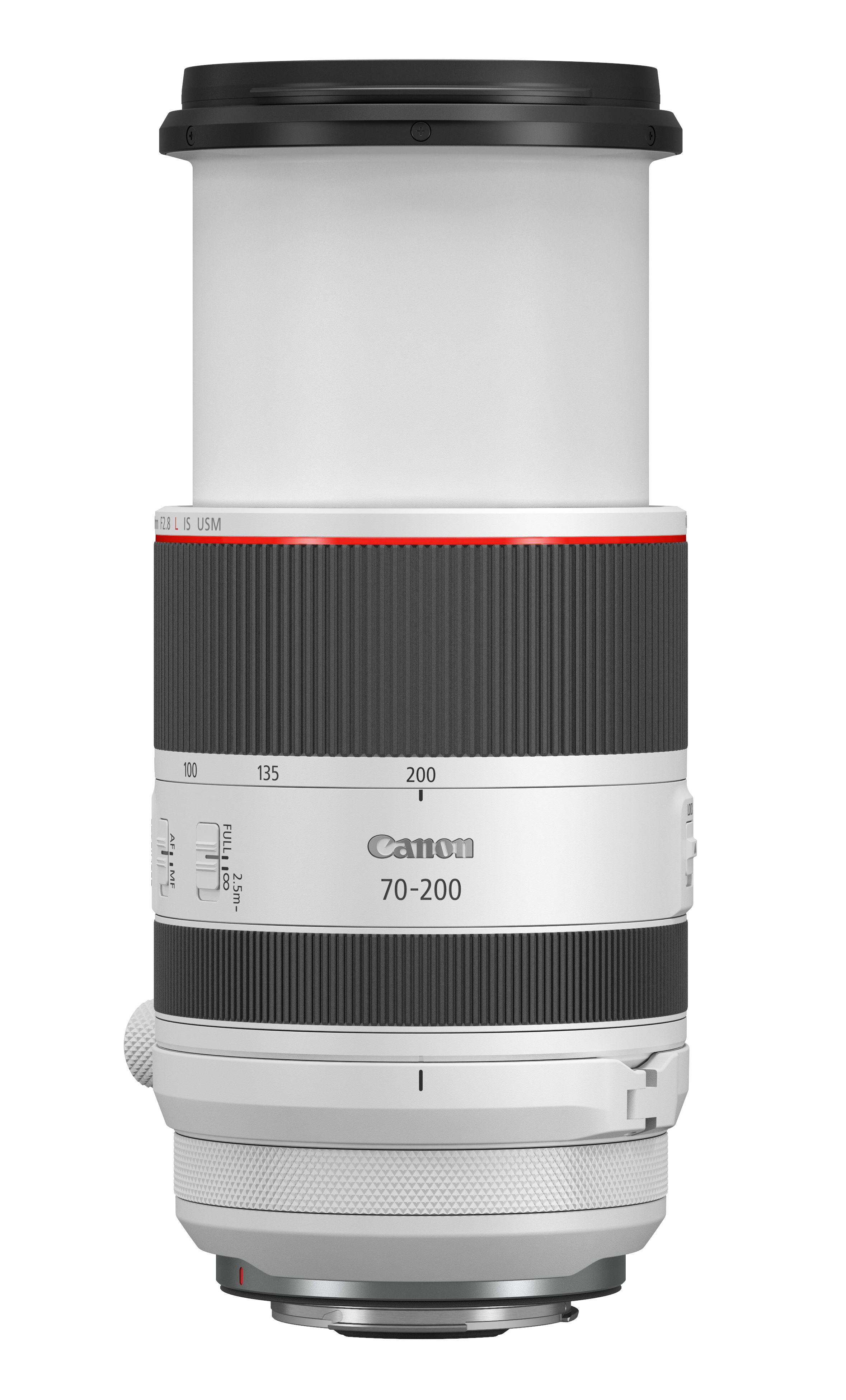 Canon 70-200mm Kameraobjektiv, weißes Gehäuse mit schwarzen und roten Akzenten, schwarzer Objektivdeckel.