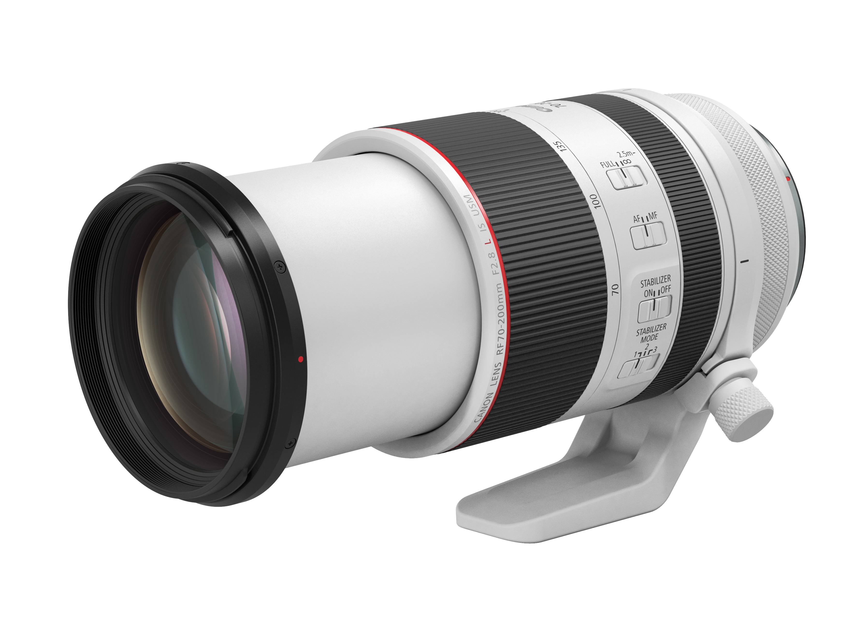 Ein Canon RF 70-200mm f/2.8L IS USM Objektiv, weiß mit rotem Ring und schwarzem Objektiv.