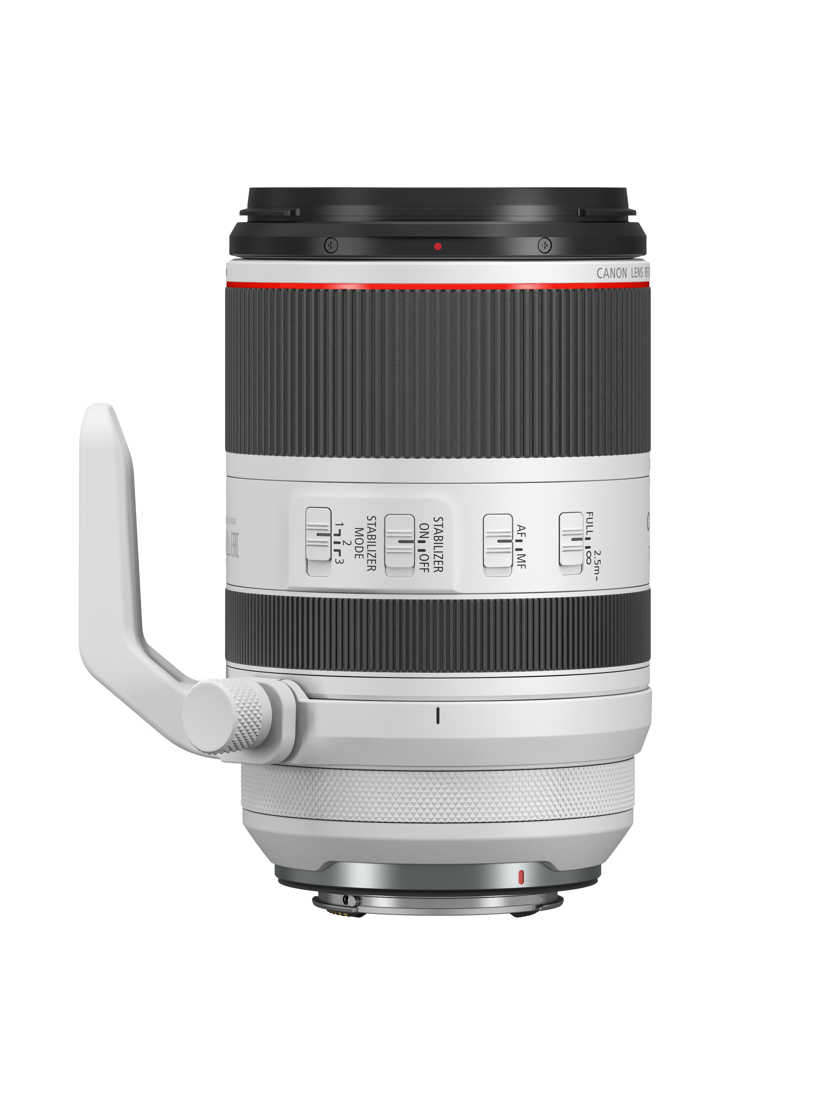 Ein weißes Canon-Kameraobjektiv. Es hat schwarze und rote Akzente sowie Einstellräder.
