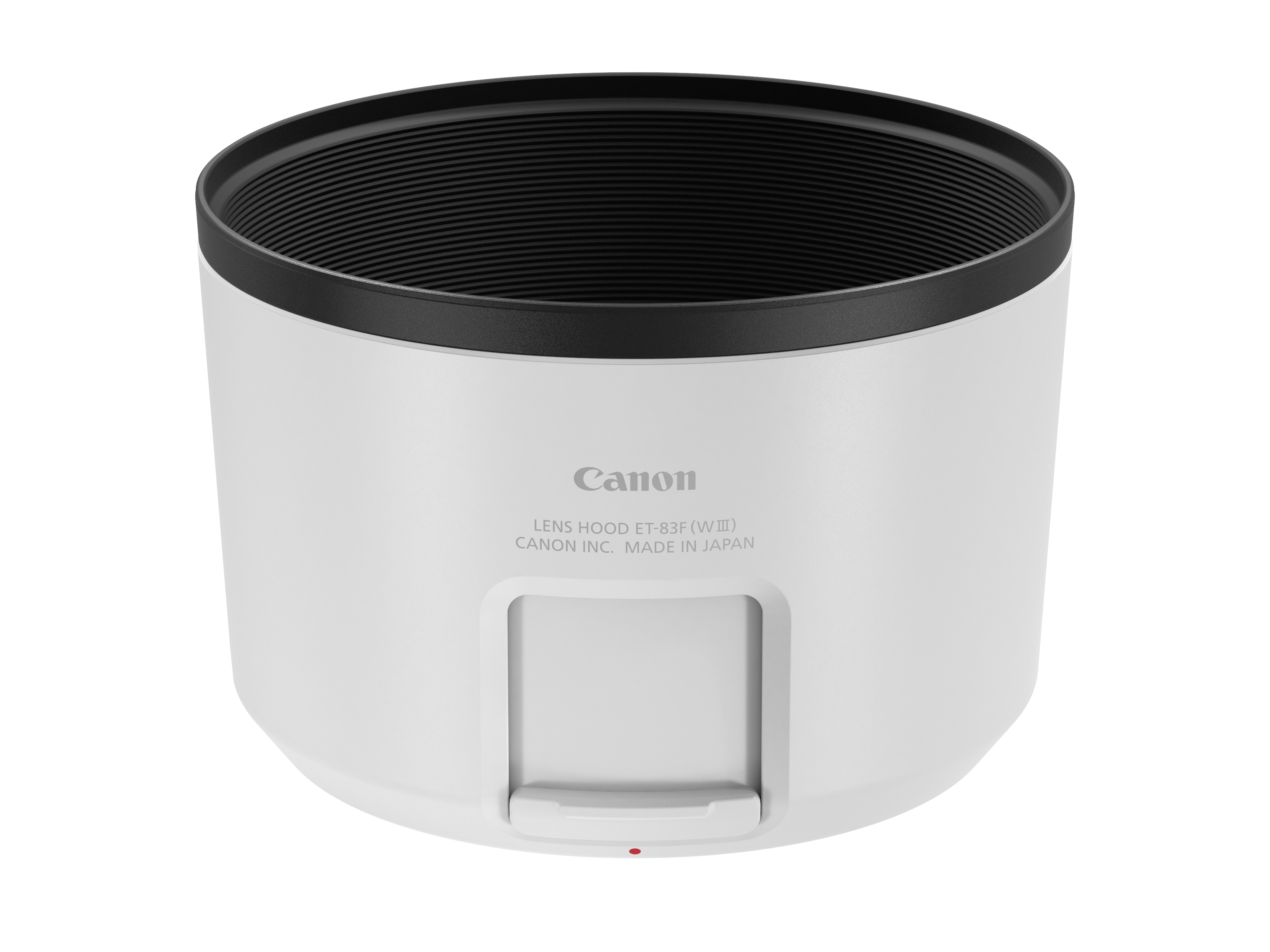 Weiße Canon-Objektiv-Gegenlichtblende mit schwarzem Innenraum und Canon-Logo.