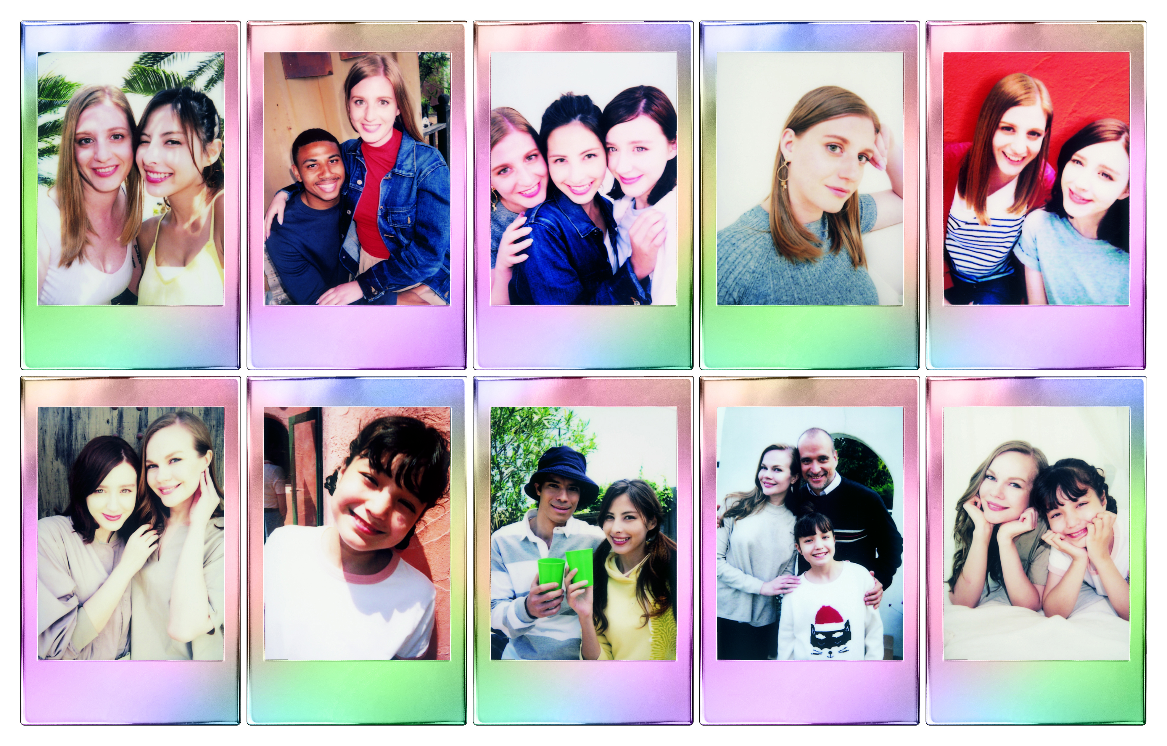 Zehn Fotos im Polaroid-Stil von posierenden Menschen. Fotos zeigen verschiedene Menschen, lächelnd, in Gruppen von zwei oder mehr.