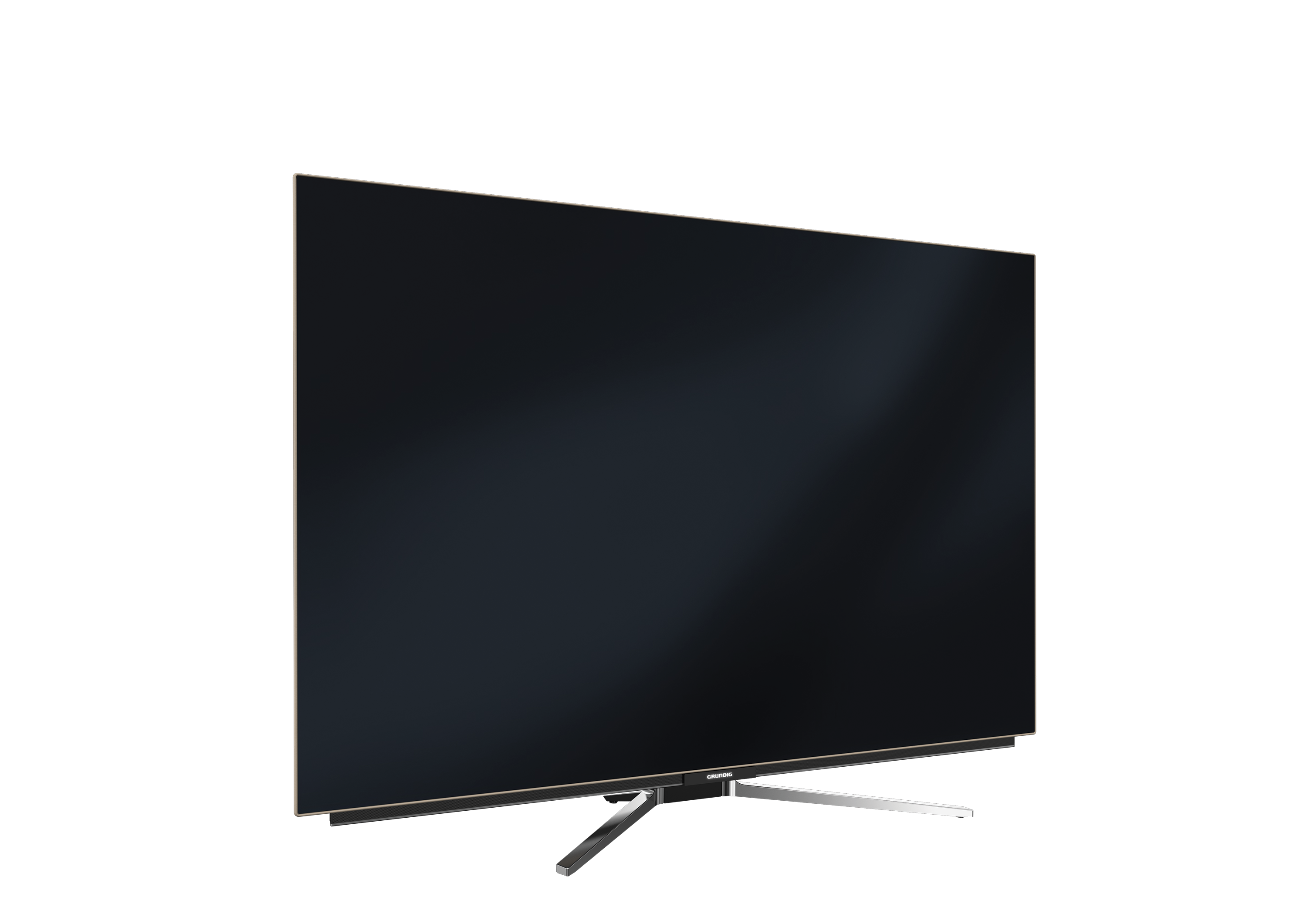 Ein großer, dunkler Flachbildfernseher mit einem dünnen Goldrahmen, abgewinkelt vor schwarzem Hintergrund.