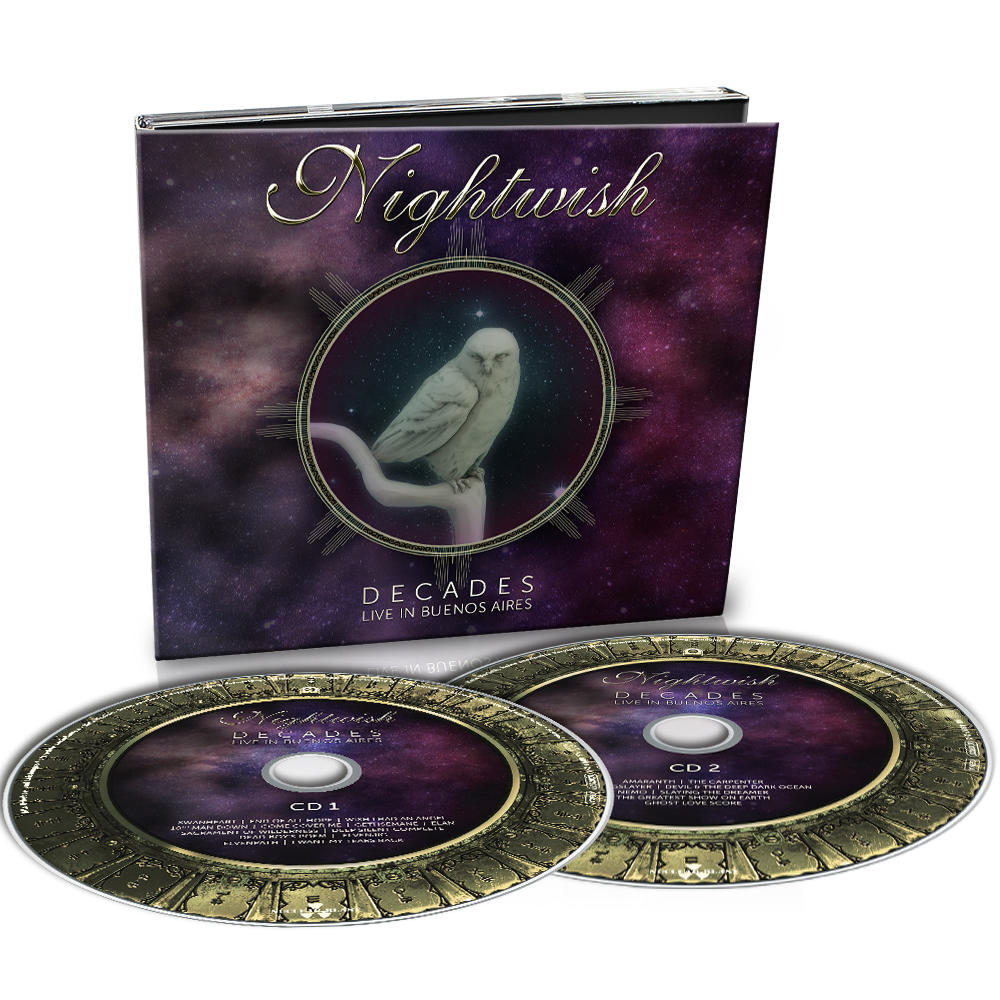 Couverture de l'album Nightwish, avec un hibou blanc dans un cercle et deux CD en dessous.