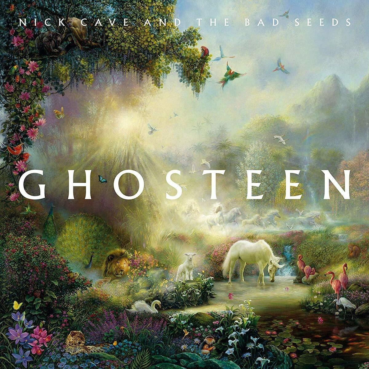 Ghosteen Albumcover von Nick Cave. Eine Fantasieszene mit Tieren, Blumen und einer mystischen Umgebung.