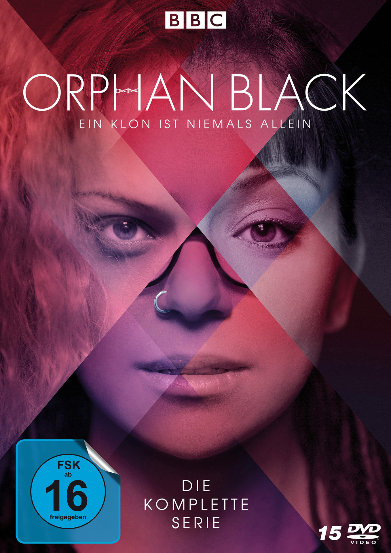 Orphan Black DVD-Cover. Das Gesicht einer Frau ist farblich geteilt. Titel und BBC-Logo oben.