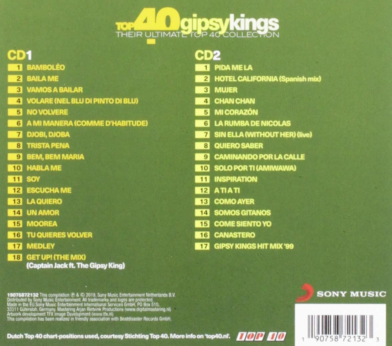 CD-hoes met een tracklist van muziek van Gipsy Kings. Sony Music-logo rechtsonder.