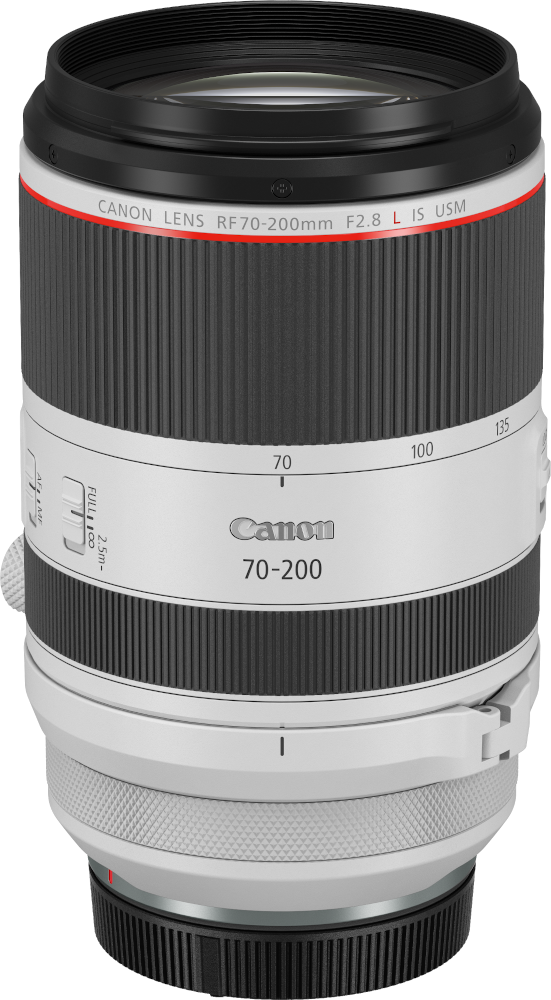 Canon 70-200mm objektív. Az objektív fehér és fekete, piros díszítéssel. Különböző beállító gyűrűk.