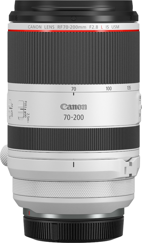 Fehér Canon objektív fekete részletekkel, 70-200mm modell, objektívsapkával.