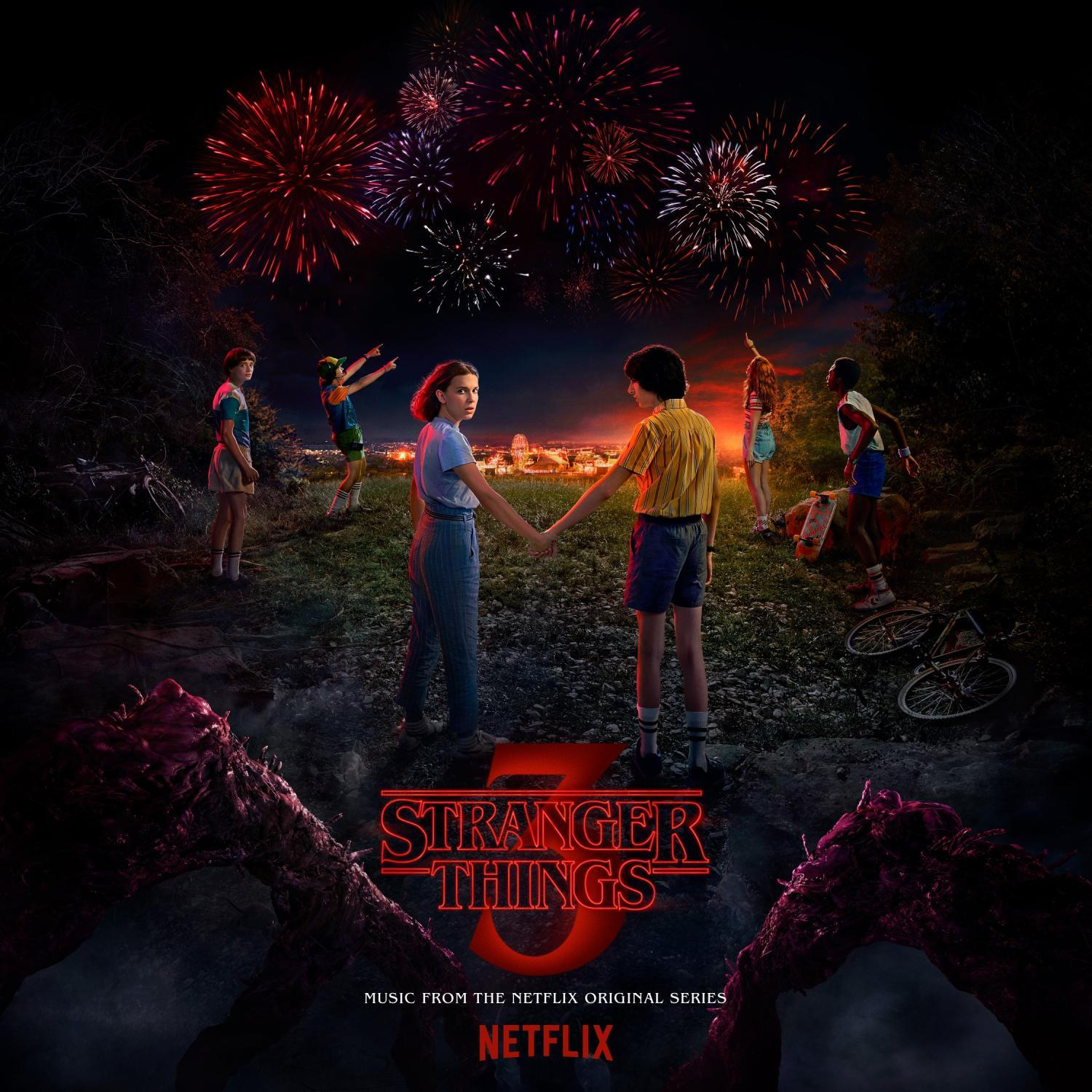 Albumcover: Kinder auf einem Feld, Feuerwerk und monsterartige Ranken. Text: Stranger Things, Netflix.