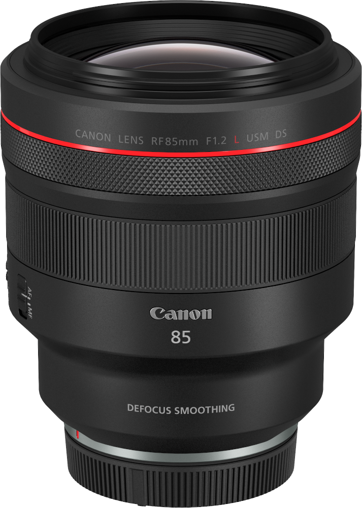 Canon objektív. Fekete piros részletekkel, Canon logóval és szöveggel: Defocus Smoothing.