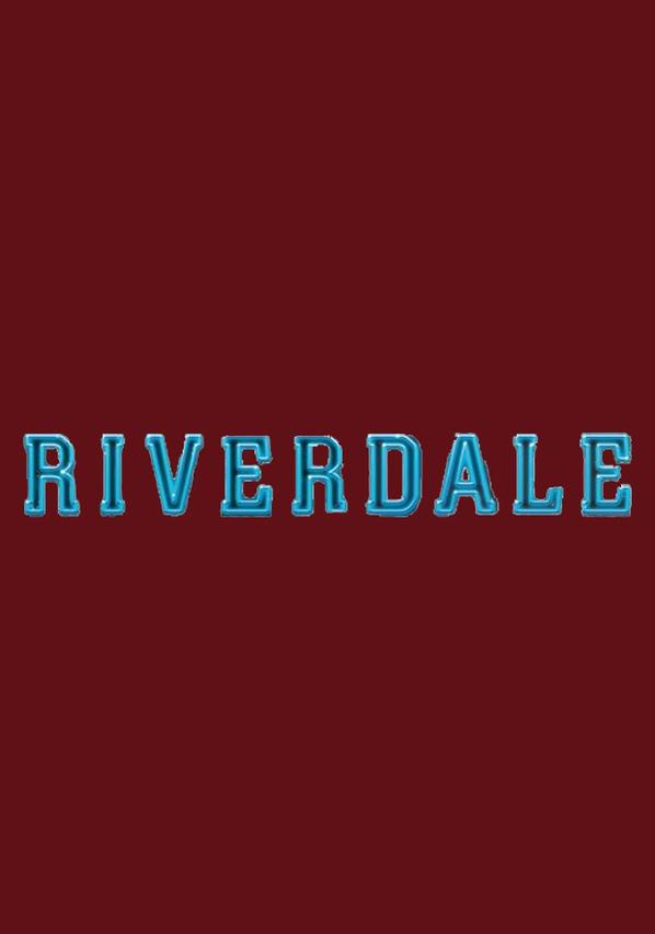 Het woord RIVERDALE in blauwe letters op een bordeauxrode achtergrond. De letters hebben een blauwe omtrek.