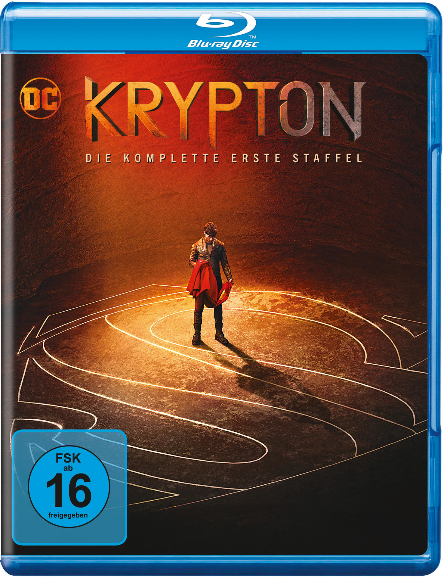 Blu-ray-Disc-Hülle für Krypton: Die komplette erste Staffel. Ein Mann steht auf einem Logo.