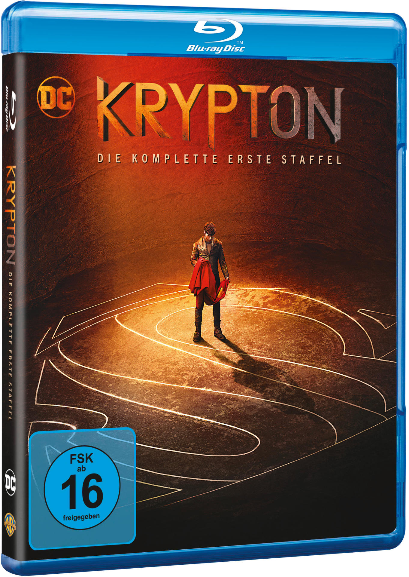 Blu-ray-Hülle für "Krypton". Ein Mann in einem roten Mantel steht auf einem großen, symbolförmigen Boden.
