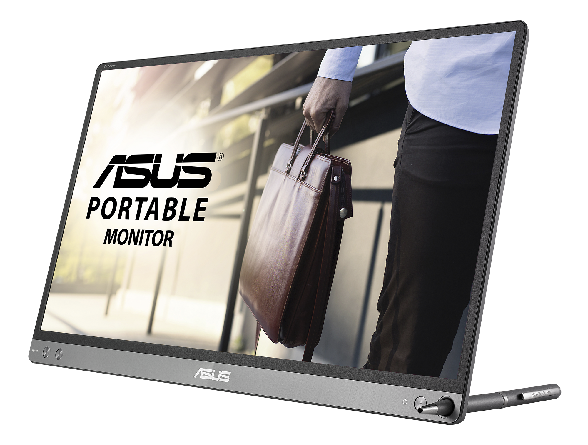 Een Asus draagbare monitor met een man die een tas vasthoudt op de achtergrond.