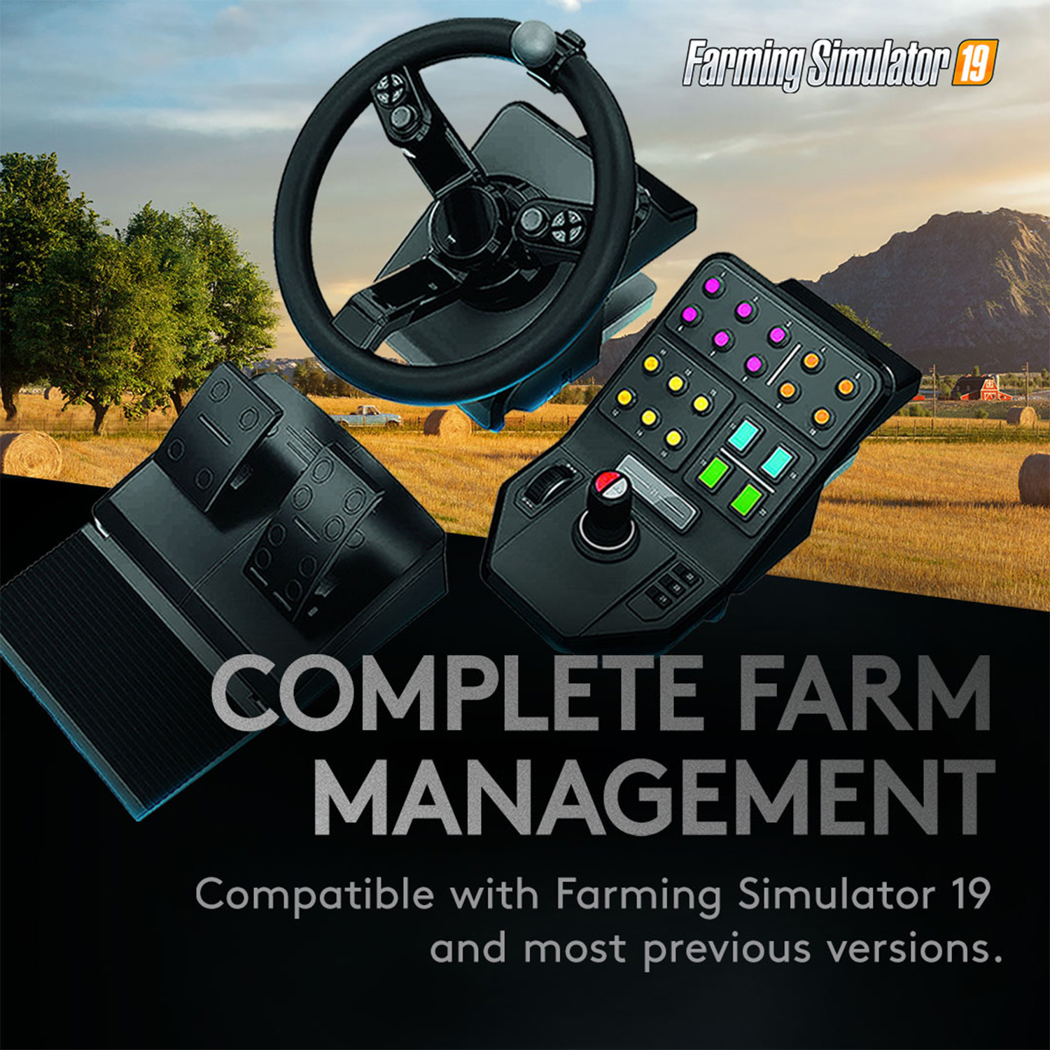 Komplettes Farmmanagement-Set: Lenkrad, Pedale und ein Bedienfeld.