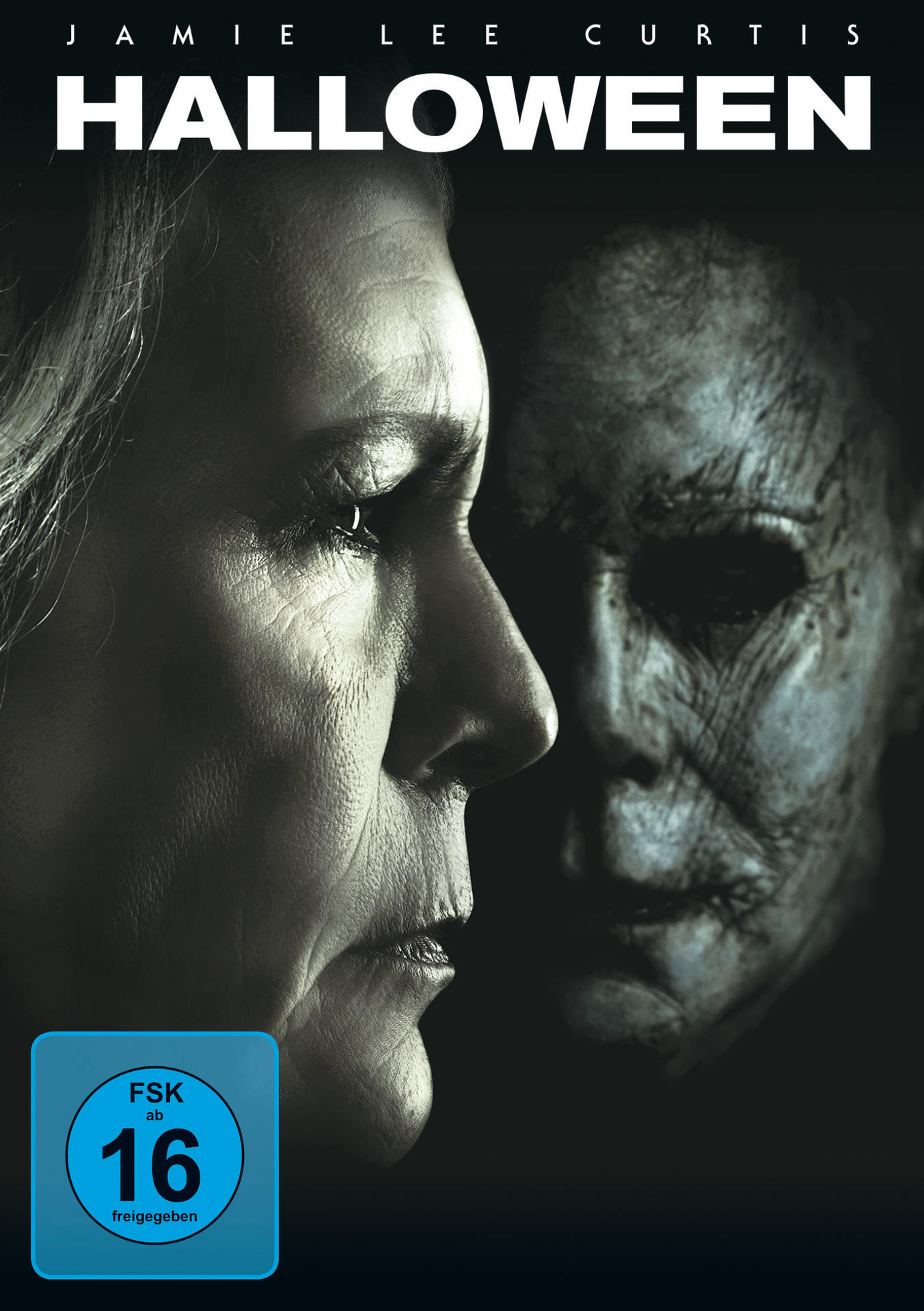 DVD-Cover mit Jamie Lee Curtis und einer maskierten Figur. Der Titel ist 'HALLOWEEN'.