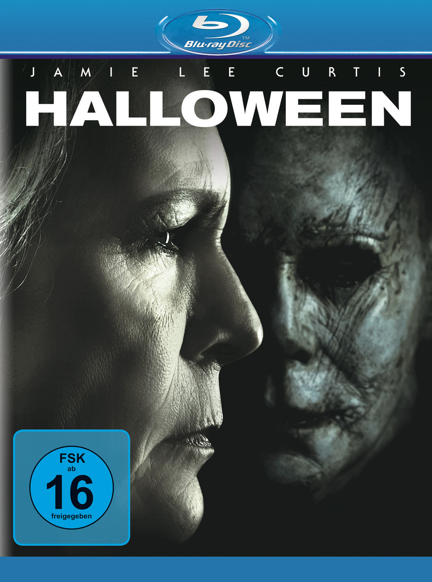 DVD-Cover mit Jamie Lee Curtis, einem gruseligen Gesicht und dem Titel 'Halloween'.