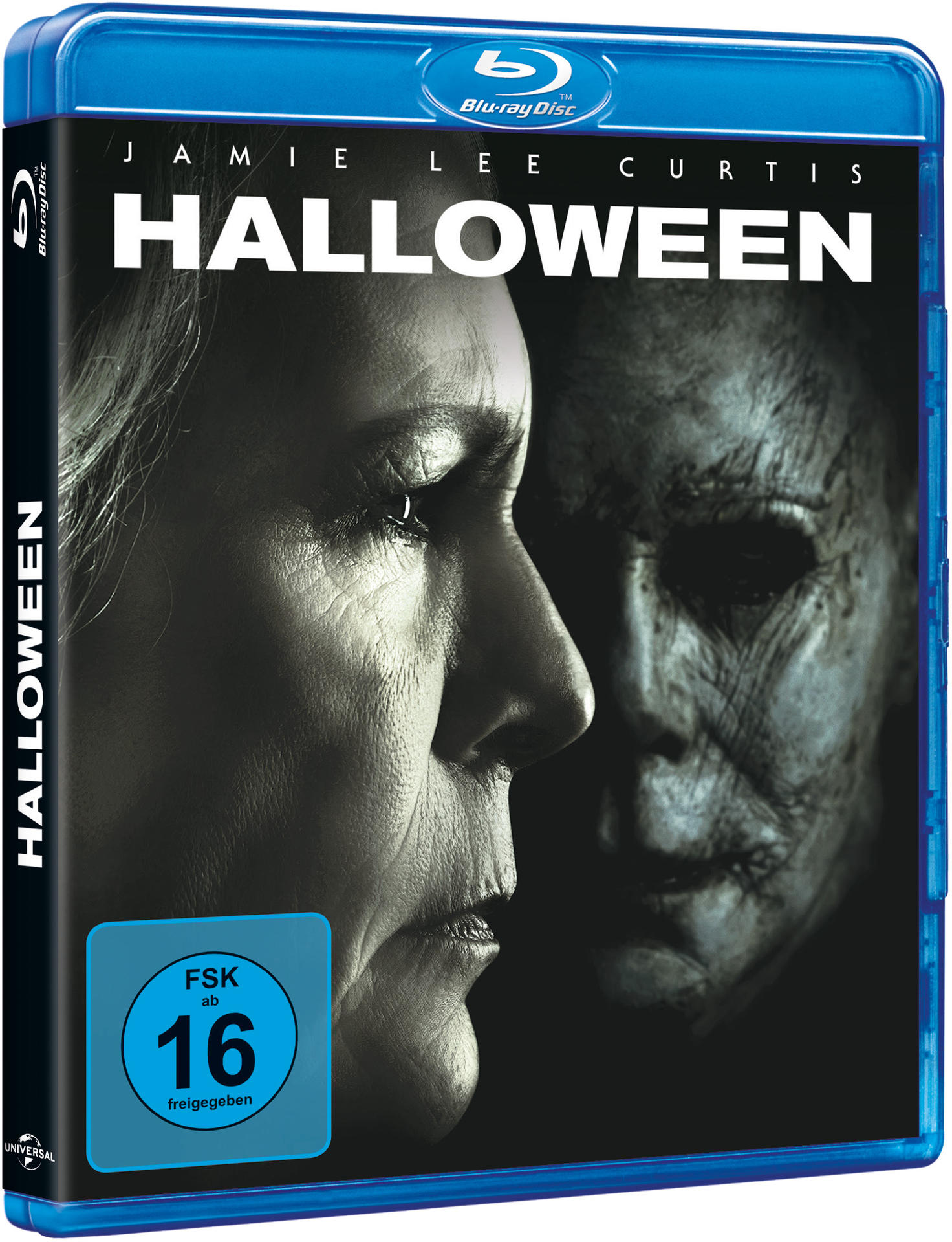 Filmcover: Jamie Lee Curtis auf einer Blu-ray-Box von "Halloween", mit einer gruseligen Figur.