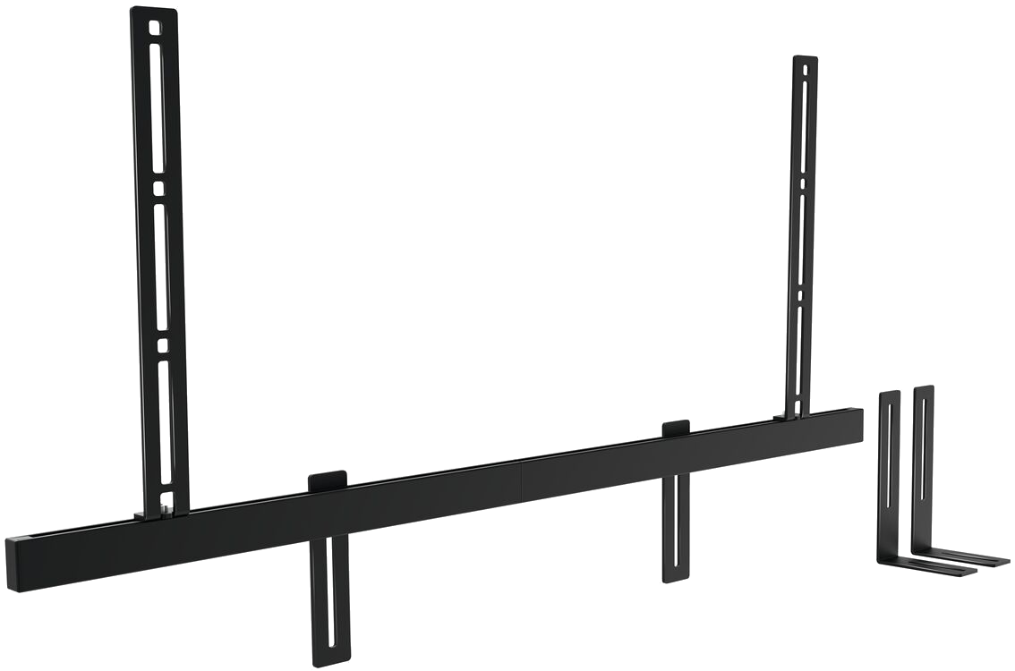 Supports de montage TV en métal noir ; se compose de deux barres verticales et une horizontale.