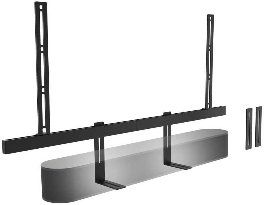 Une barre de son noire avec des supports de montage, sur fond blanc.