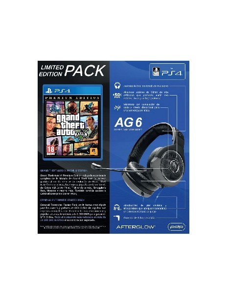 Pack Auriculares gaming - PDP AG6 Wired Afterglow, Con cable, Micrófono + PS4 GTA V (Premium Edition)