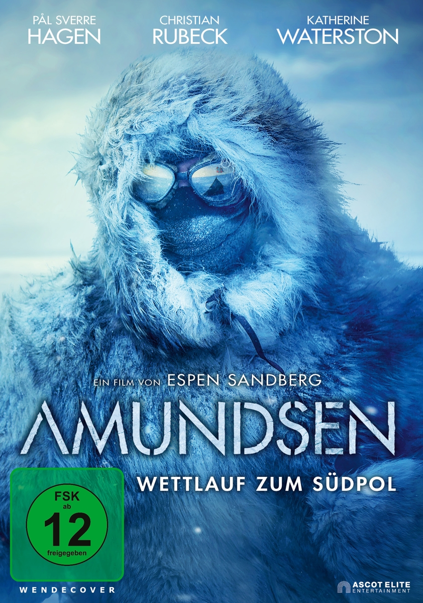 Filmposter für Amundsen, mit einer Person in einem pelzgefütterten Parka und Sonnenbrille.