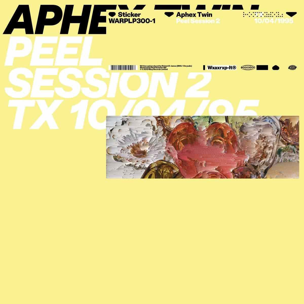 Pochette d'album Aphex Twin, fond jaune, art abstrait coloré et texte.