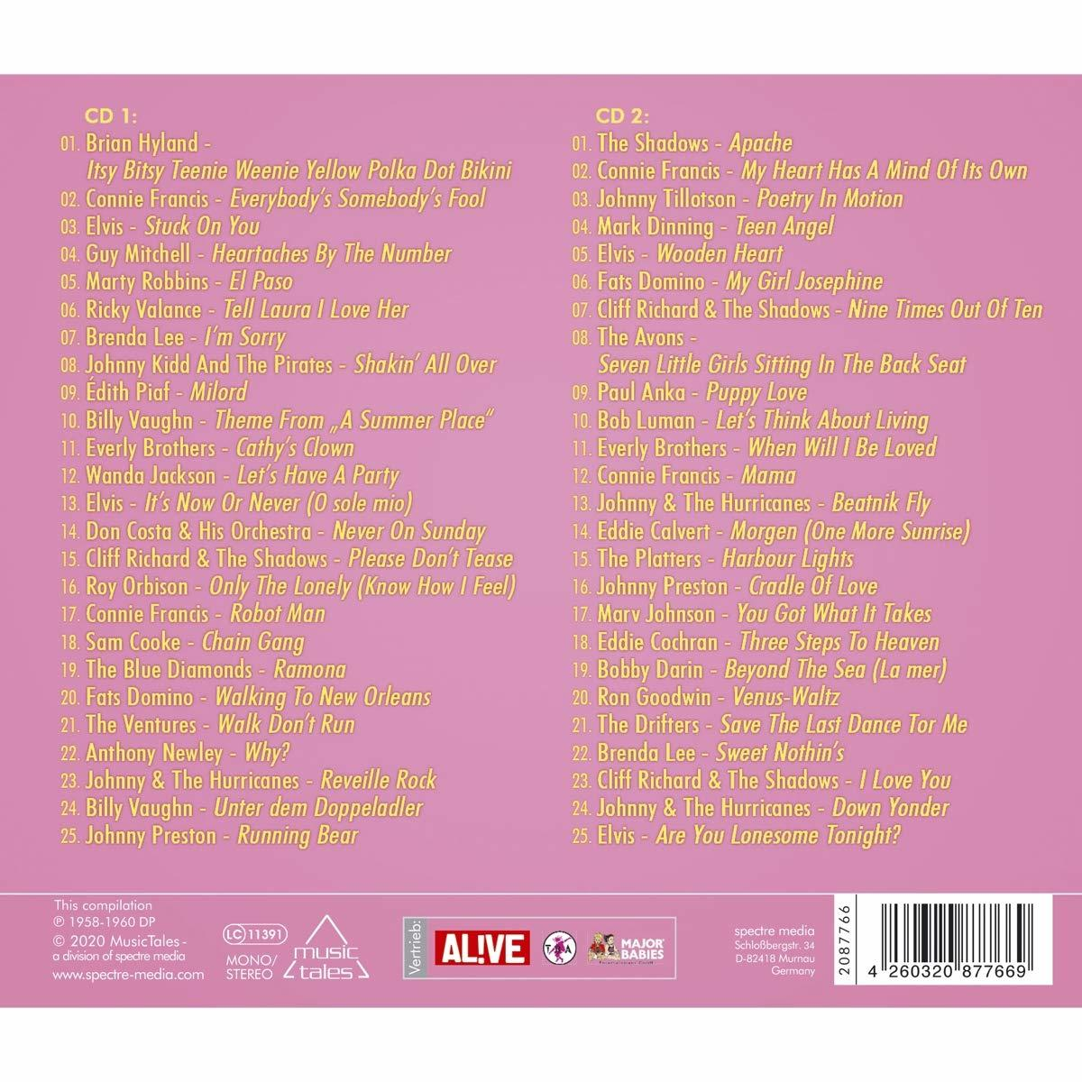 Albumcover mit zwei Titellisten. Weißer Hintergrund mit Text und Logos.