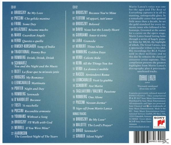 CD borító a dalok listájával és szöveggel a jobb oldalon, Mario Lanza képével.