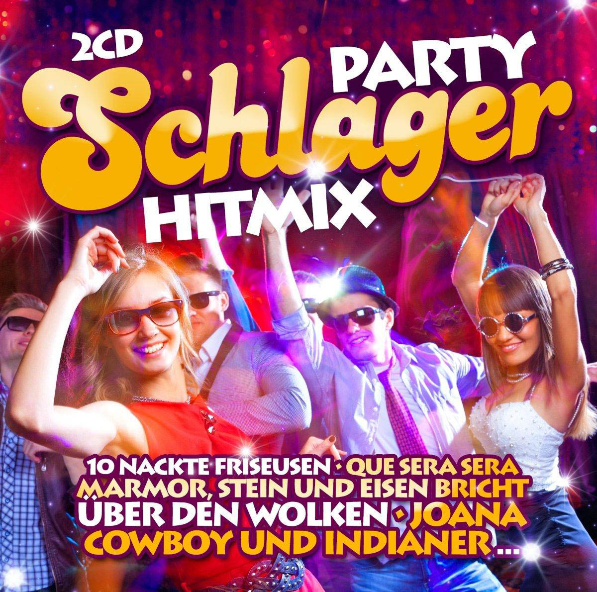 Albumcover. Leute tanzen auf einer Party, Sonnenbrillen, helle Farben. Text: Party Schlager Hitmix.