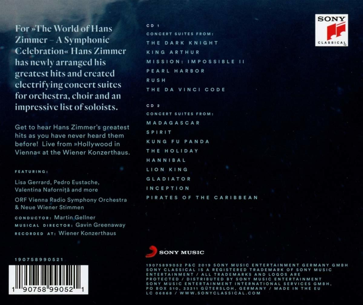 CD-Hülle mit Text über Hans Zimmers Musik. Enthält Titellisten und Künstlerinformationen.