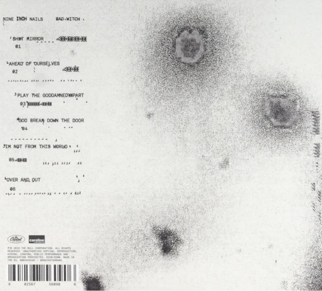 A Nine Inch Nails 'Bad Witch' című albumának borítója. A szöveg dalcímeket, számszámokat és vonalkódot tartalmaz. Absztrakt, elmosódott dizájn.