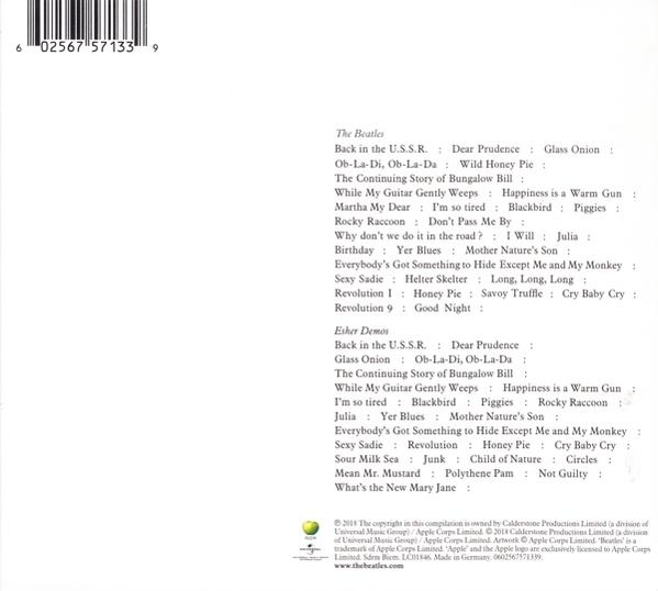 CD-borító a Beatles dalcímeivel, fekete szöveg fehér háttéren.