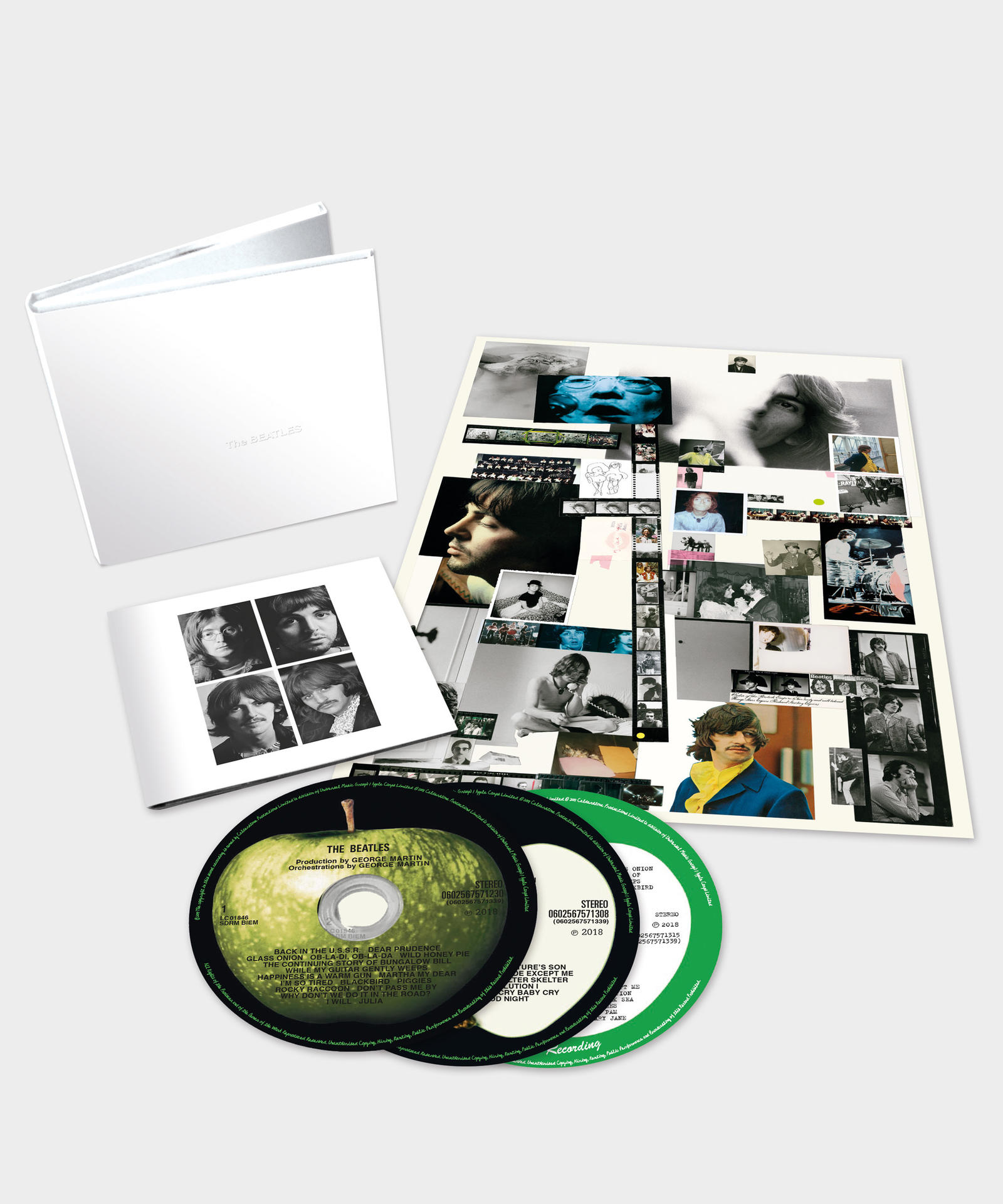 The Beatles albumkészlet album borítóval, fotókkal és lemezekkel. Album borítókat, fotókat és zöld lemezeket tartalmaz.