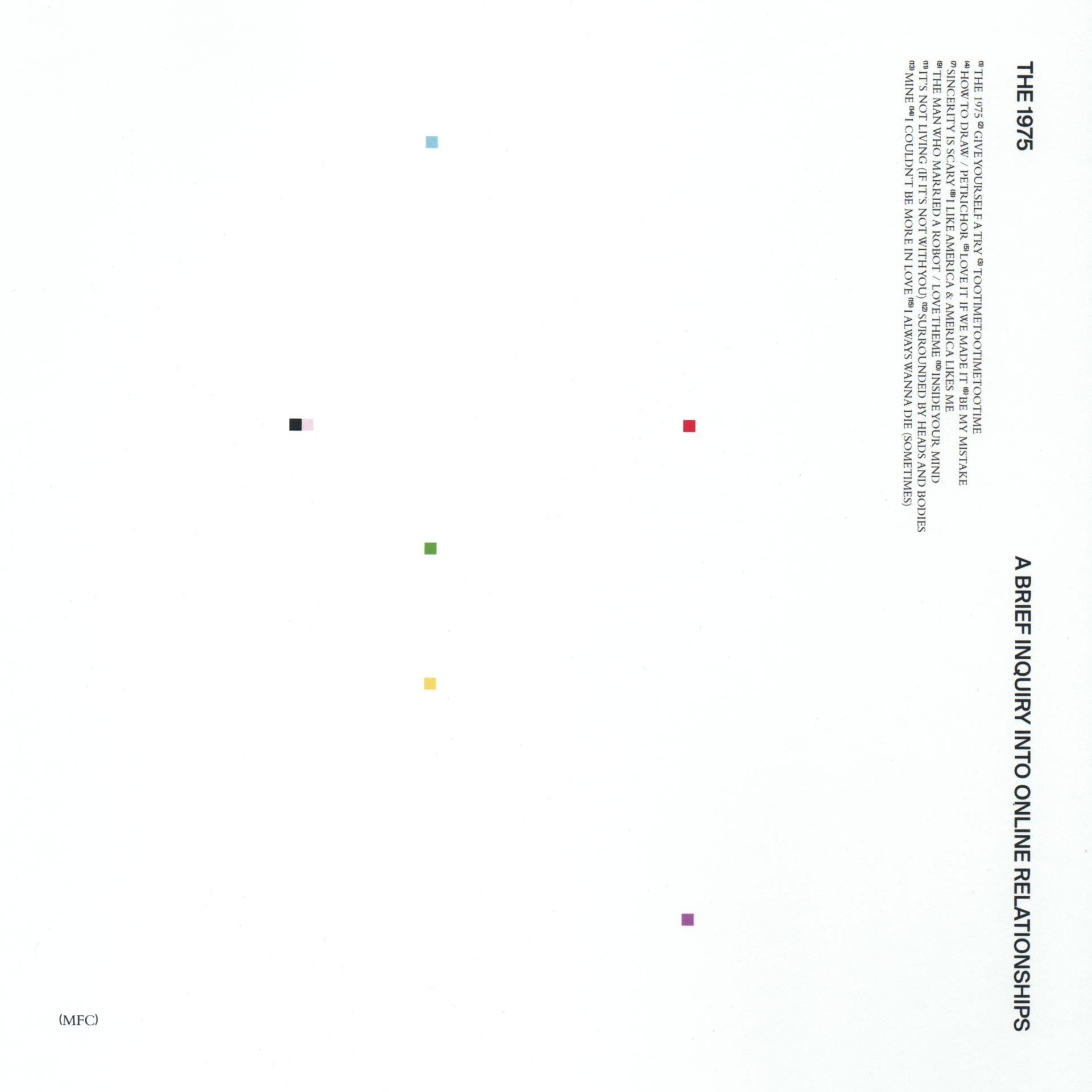 Album borítója színes négyzetekkel és szöveggel: The 1975, A Brief Inquiry Into Online Relationships.