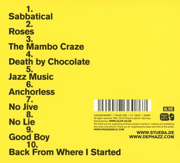 Album-Rückseite mit Titelliste: 'Sabbatical', 'Roses', 'The Mambo Craze' usw.